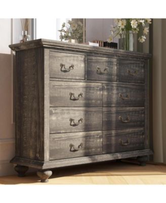 Rustic Grey 9-Drawer Bedroom Dresser, 37.8" Tall Wood Chest with Wide Drawers & Carved Metal Handles, Sturdy Organizer for Living Room Hallway