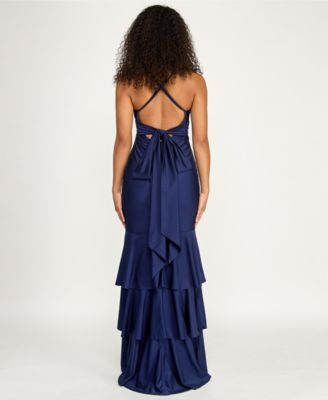 Juniors' V-Neck Tiered Tie-Back Gown
