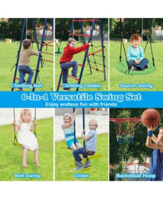 Swing Set for Backyard with 2 Height Adjustable Swings Glider Basketball Hoop