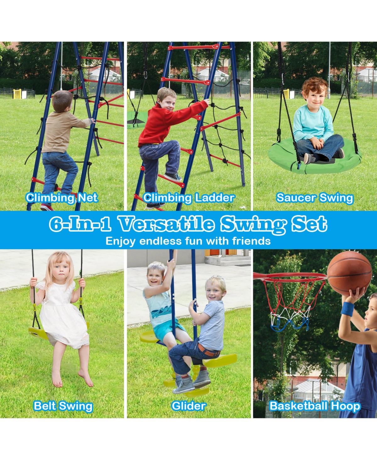 Costway Swing Set for Backyard with 2 Height Adjustable Swings Glider Basketball Hoop
