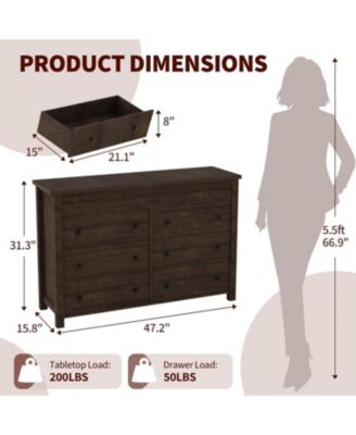6-Drawer Farmhouse Dresser Bedroom Wooden Chest of Drawers, Fluted TV Stand Storage Cabinet for Living Room, Hallway, Office