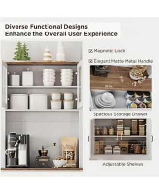 Kitchen Cabinet with Glass Doors, Large Drawer, Adjustable Shelves, Cable Hole, Anti-Tilt Storage, White