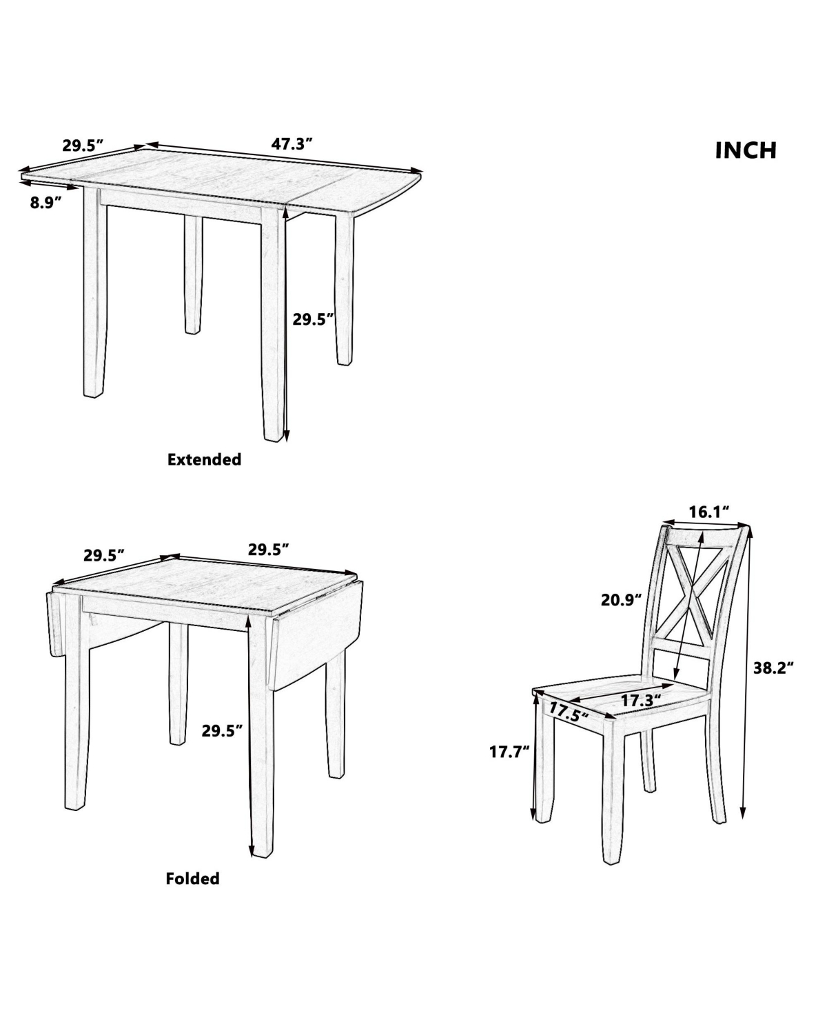 Clihome 3-Piece Wood Drop Leaf Breakfast Nook Dining Table Set with 2 X-back Chairs for Small Places, Espresso