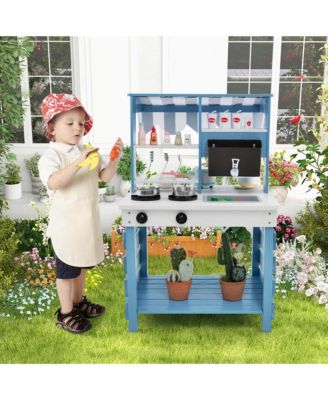 2-In-1 Wooden Mud Kitchen with Canopy Removable Sink Water Box Faucet Sound Effect