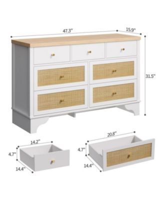 7-Drawer Modern Dresser for Bedroom, Wood Chest with Natural Rattan Fronts, Sturdy Base, Organizer for Living Room, Entryway, Hallway