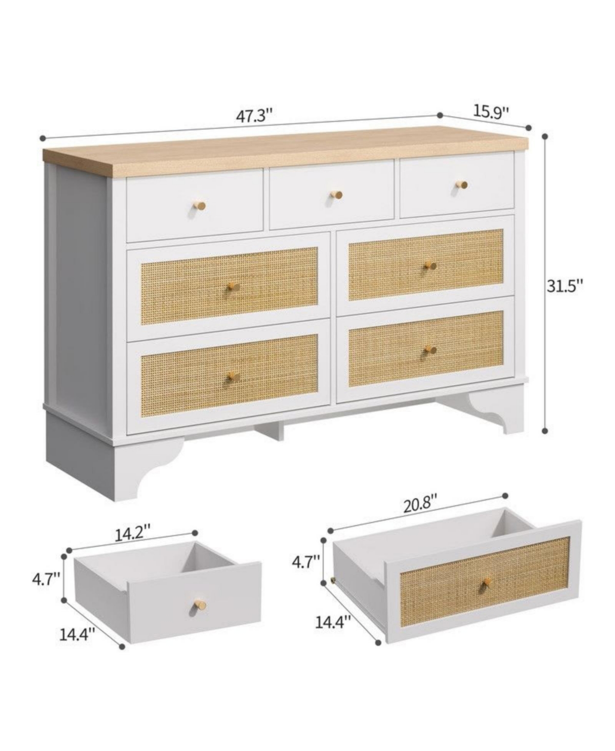 gaomon 7-Drawer Modern Dresser for Bedroom, Wood Chest with Natural Rattan Fronts, Sturdy Base, Organizer for Living Room, Entryway