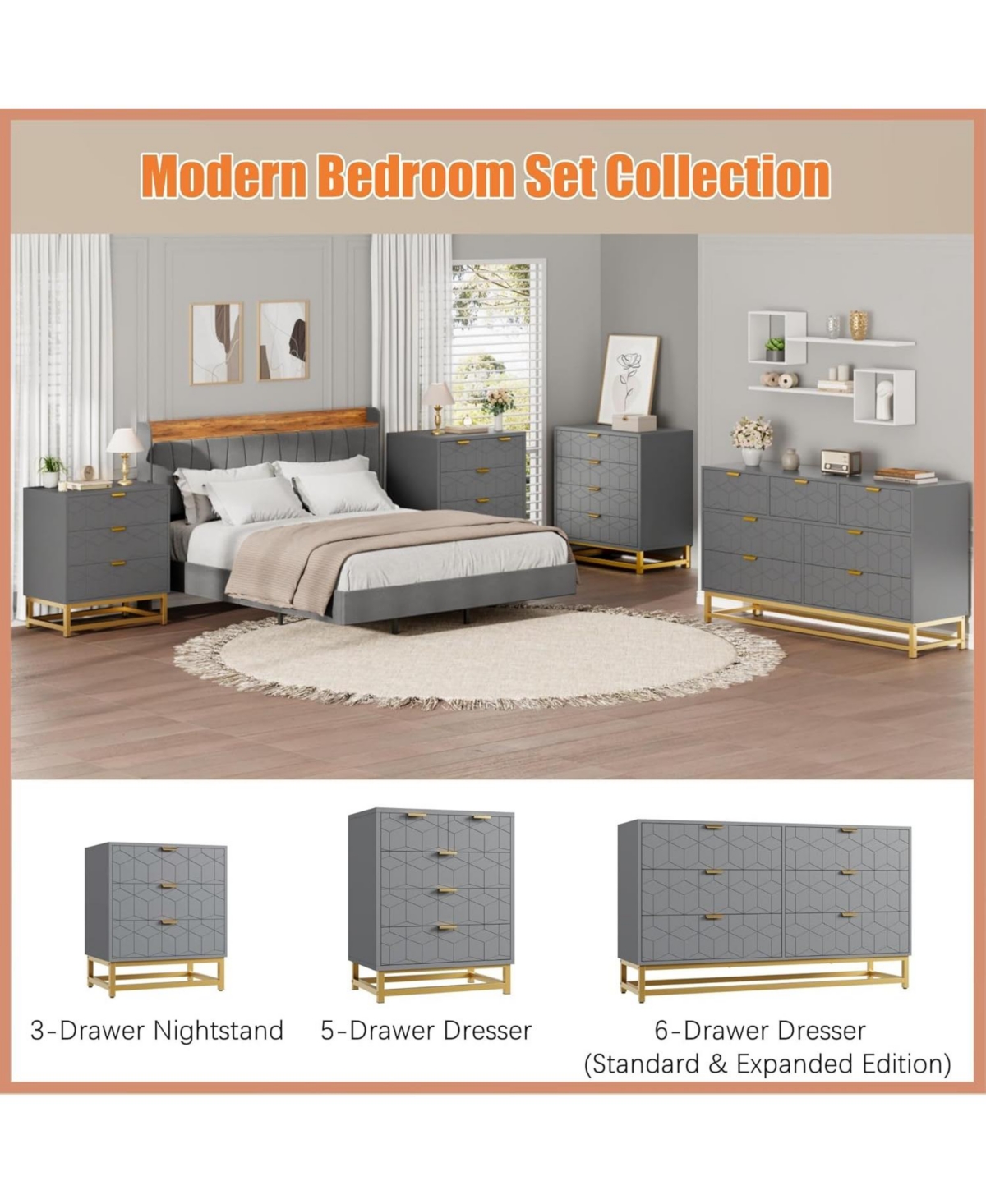 gaomon 4-Drawer Grey Bedroom Dresser with Metal Legs, Wide Storage Chest Organizer for Living Room, Hallway