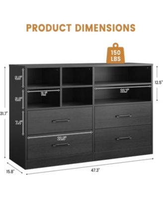 4-Drawer Black Bedroom Dresser, 6 Open Shelves, Modern TV Stand, Space-Saving Cabinet for Living Room