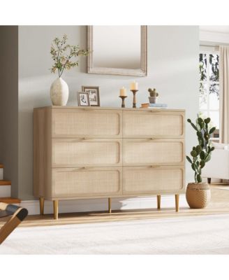 Rattan 6 Drawer Dresser for Bedroom, Large Double Dresser with Deep Drawers, Modern Chest Organizer