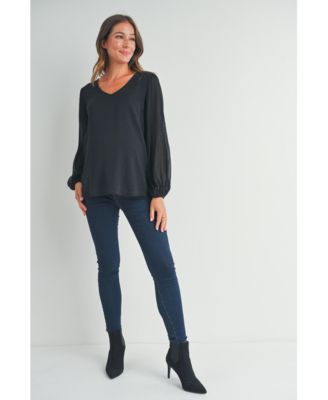 Maternity Flowy Sheer Long Sleeve V Neck Blouse