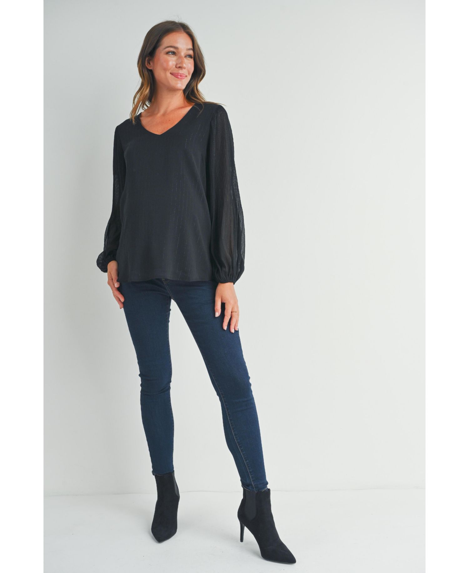 Maternity Flowy Sheer Long Sleeve V Neck Blouse