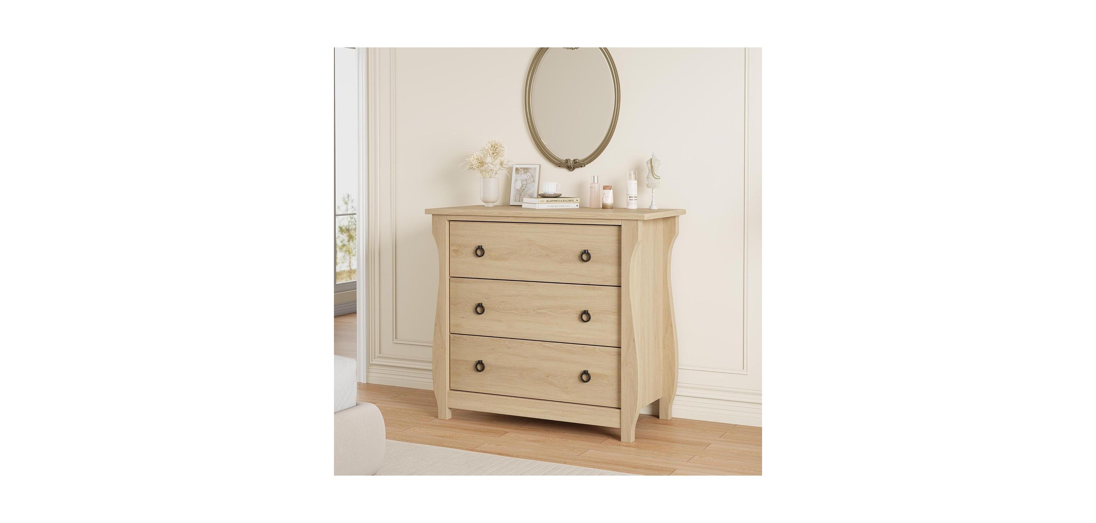 gaomon 3-Drawer Modern Wood Dresser Bedroom Chest with Black Metal Ring Pull Handles, Storage Cabinet for Living Room, Entryway, Natural Oak