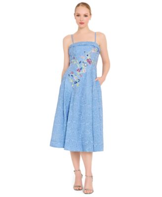 Women's Zipper Floral Embroidered Midi Dress