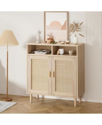 Rattan Sideboard Buffet Cabinet with 2 Doors & Shelf, Modern Kitchen Storage Cabinet, Dining, Entry Hallway, 36" H, Natural