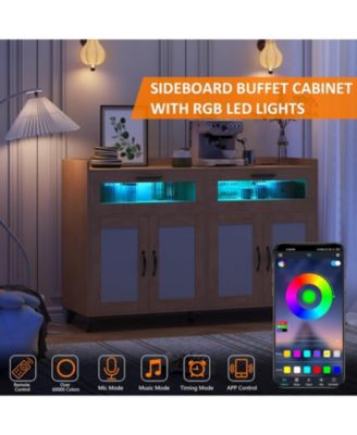 Farmhouse Storage Cabinet with Charging Station, LED Light, Rattan Buffet, Heavy Duty, Kitchen, Living Room