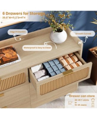 6-Drawer Double Dresser, 47" Wide, Modern Wood Chest, Rattan Storage for Bedroom