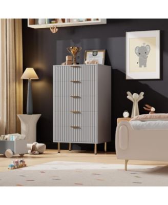 5-Drawer Modern Fluted Grey Dresser, Tall Chest with Deep Drawers, Wide Top, Wooden Storage Organizer for Living Room, Hallway, Kids Room