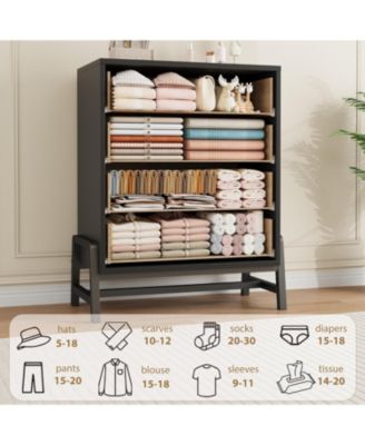 4 Drawer Black Polished Engineered Wood Dresser, Chic Cabinet Legs, Waterproof Top, Anti-Tip, Modern Bedroom