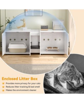 Double Room Cat Litter Cabinet, Stylish Storage Litter Box Enclosure for Two Cats, Cat Mat, Organizer, White