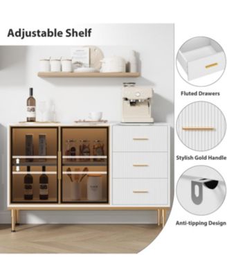 Fluted Sideboard Buffet Cabinet with Glass Doors, 3 Drawers, Marble Top, Kitchen & Dining Room, White