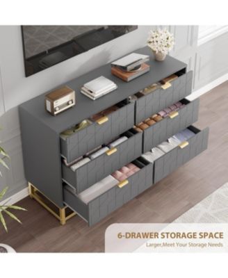 47.2 Inch Grey 6-Drawer Modern Dresser, Wide Chest, Gold Metal Legs & Handles, Storage for Bedroom, Living Room, Hallway