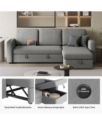 L-Shaped Reversible Sleeper Sectional Sofa with Chaise & USB & Type-C Ports Dark Gray