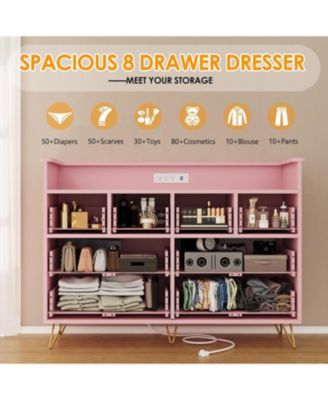 8-Drawer Modern LED Light & Charging Station, Wooden Chest, Open Shelf Dresser