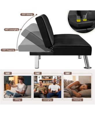 Faux Leather Convertible Futon Sofa Bed with 2 Throw Pillows & Drop-down Cup Holders Dark Brown