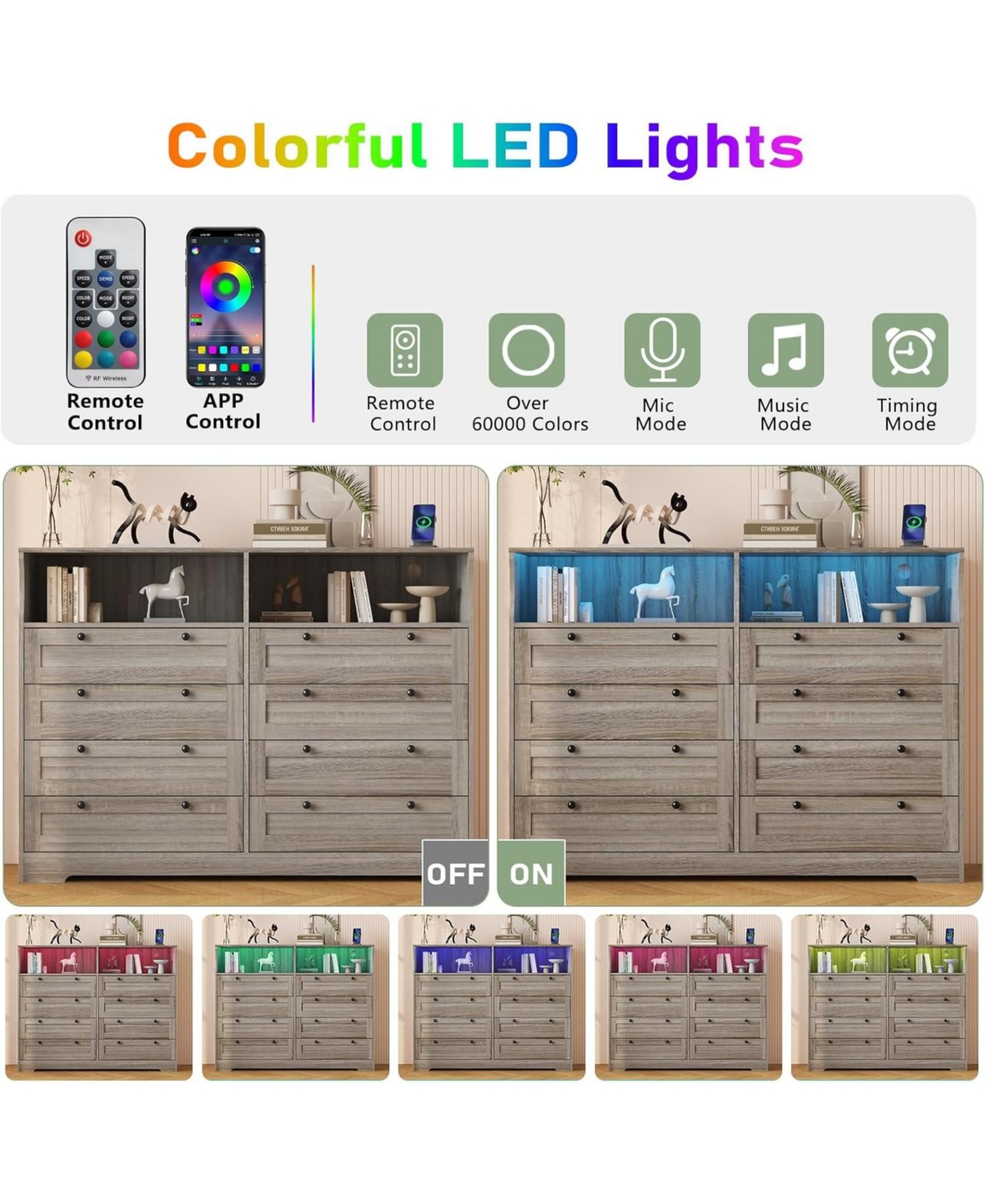 gaomon 8-Drawer Wood Dresser with Charging Station & Led Lights, Modern Storage Chest for Bedroom, Living Room, Hallway