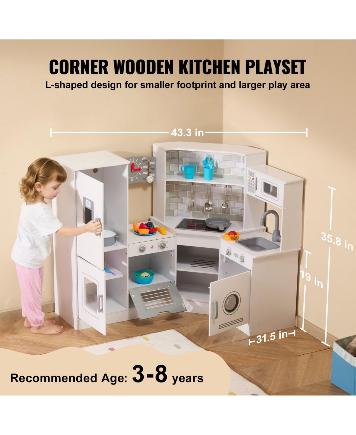 Детские игрушки SUGIFT Corner Wooden Play Kitchen with Electronic Sounds & LED Display, цвет: Белый — фото 9