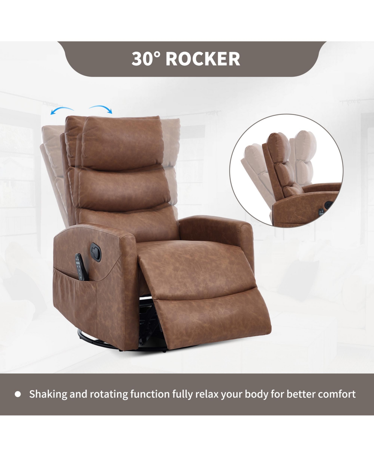 Sumyeg Recliner Chair with Heat Massage Manual Rocker and Swivel in Fabric