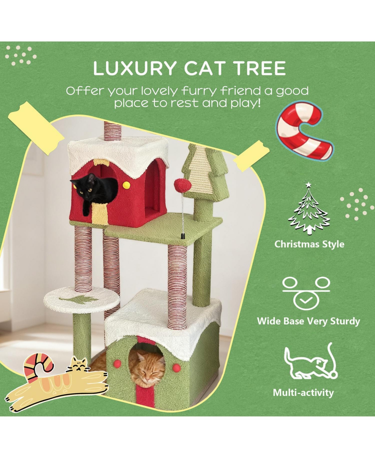 Aostirmotor Festive 54" Christmas Cat Tree with Multi-Level Perches, Condos & Scratching Posts