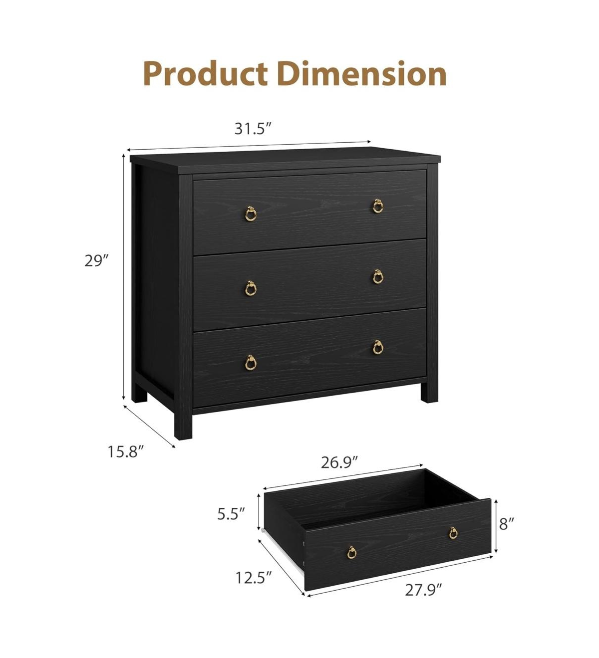Dresser for Bedroom, Chest of Dressers, 29 in Tall Dresser for Closet with 3 Drawers, Night Stand, Large Clothes Storage Cabinet, Black