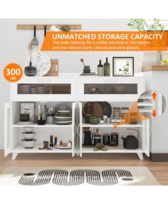 Farmhouse Rattan Storage Cabinet with Charging Station and LED Light, Heavy Duty Buffet