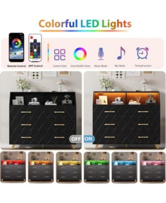 6-Drawer Modern Dresser with LED Light, Charging Station, Storage Shelf, Gold Legs, 47" Cabinet for Bedroom, Living Room