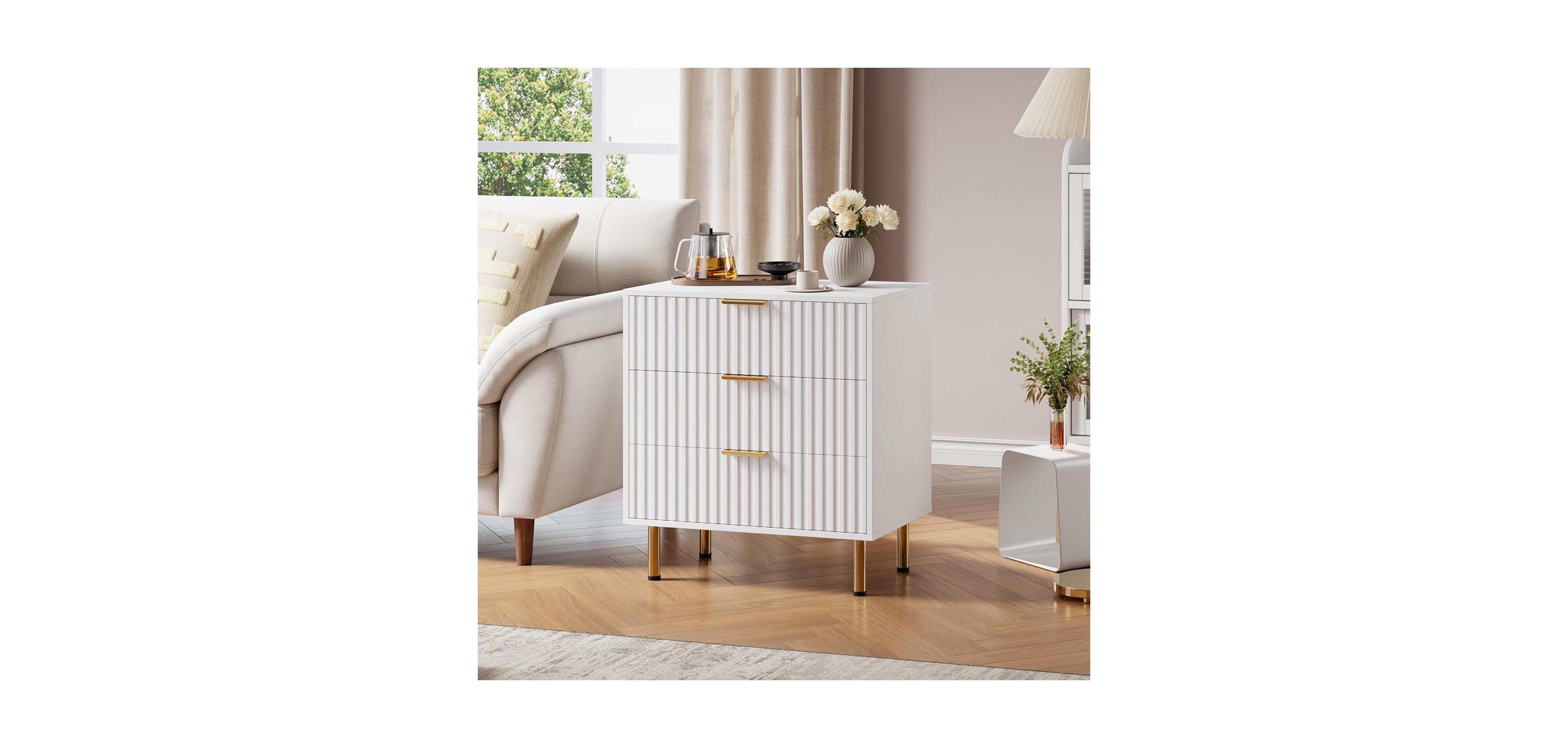 gaomon 3-Drawer Modern Fluted White Dresser, Stylish Nightstand with Deep Drawers, Wide Top, Organizer for Bedroom, Living Room, Kids Room