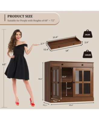 35.4 Inch Walnut Sideboard Buffet Cabinet, Glass Door, Drawer Storage, Modern Dining Room, Kitchen Cabinet