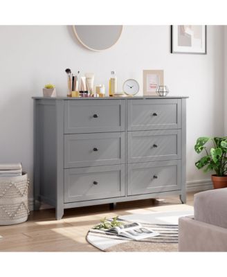 Grey 6 Drawer Dresser, Modern Chest with Deep Drawers, Nickel Round Handle, Wood Storage Organizer