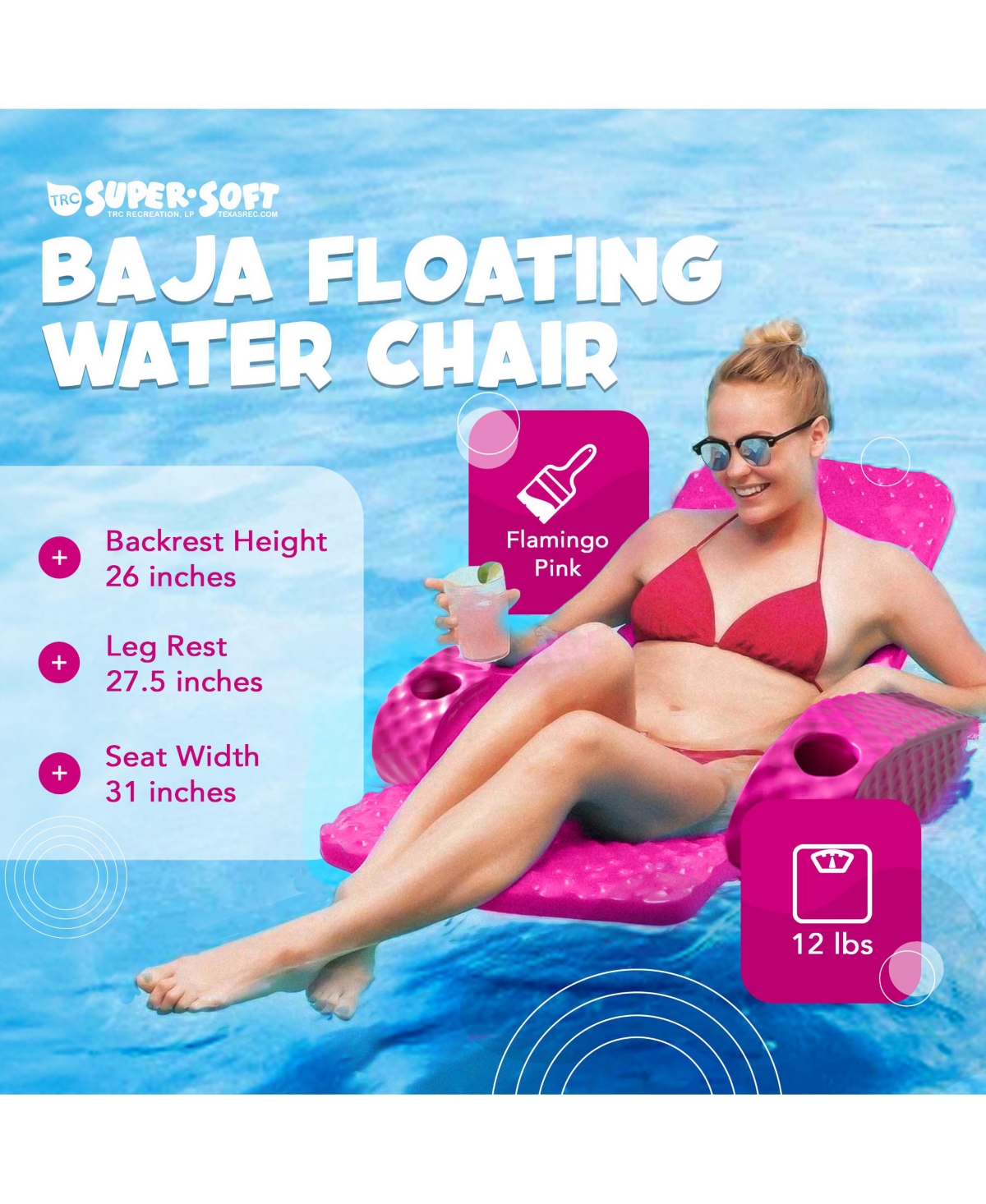 Trc Recreation Folding Baja Chair Swimming Pool Float Armchair, Flamingo Pink