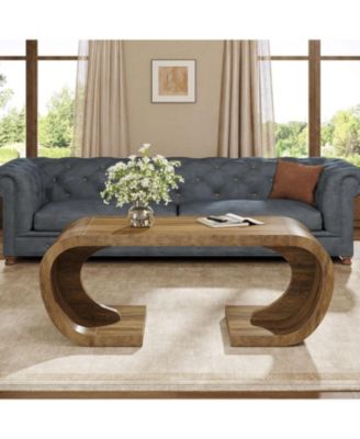 Farmhouse Coffee Table, 47" Heavy Duty C-Shaped Center Table with Curved Base, Rustic Brown