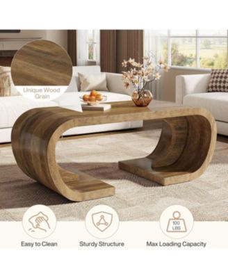 Farmhouse Coffee Table, 47" Heavy Duty C-Shaped Center Table with Curved Base, Rustic Brown