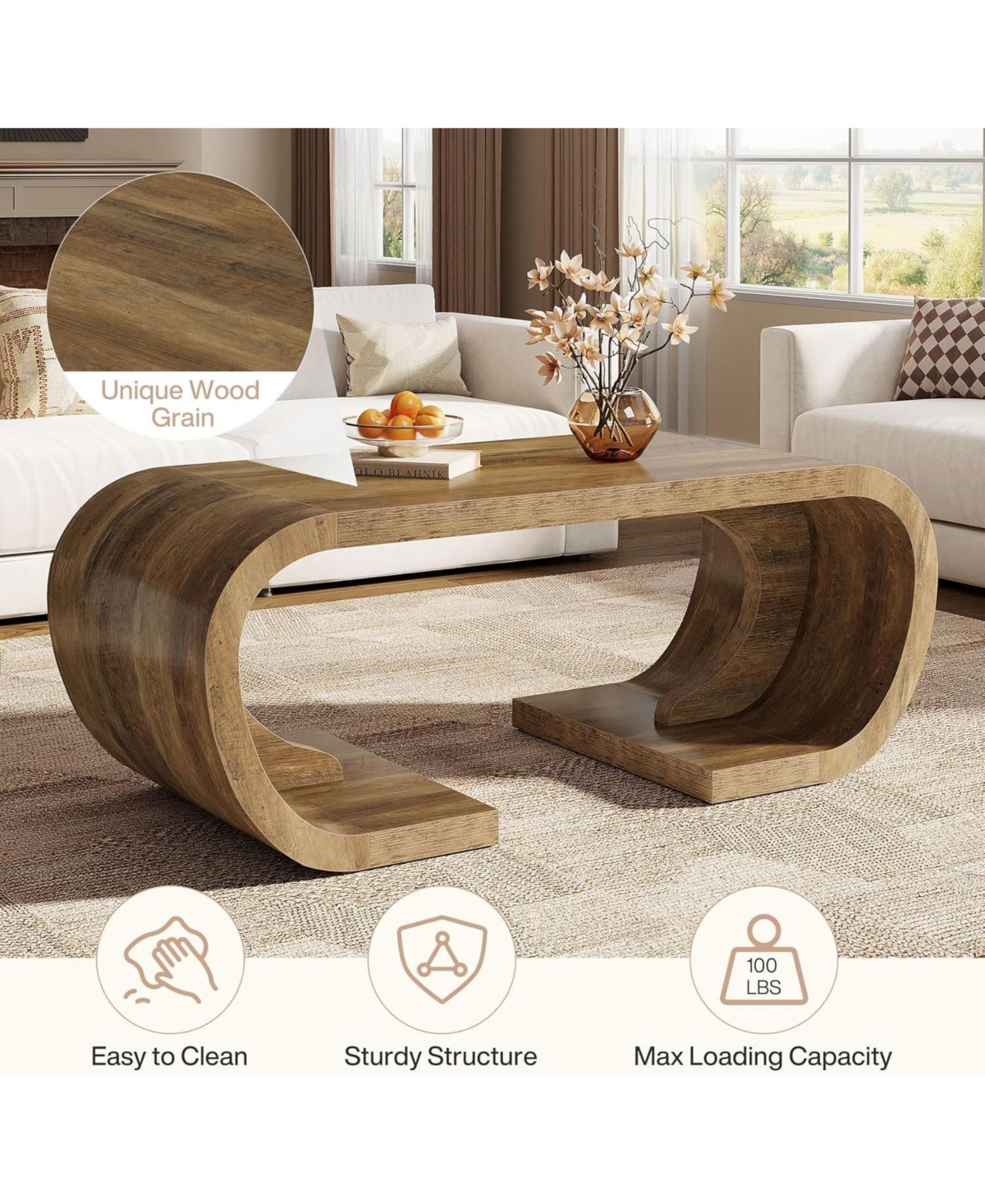 Tribesigns Farmhouse Coffee Table, 47" Heavy Duty C-Shaped Center Table with Curved Base, Rustic Brown