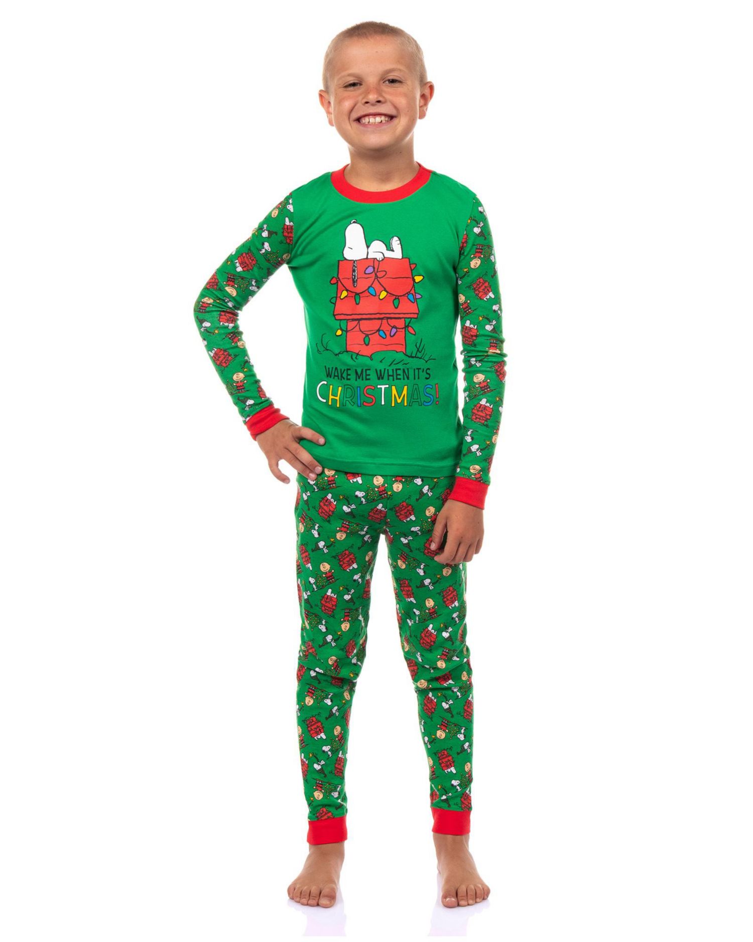 Big Boys Snoopy Wake Me When It's Christmas Holiday 2PC Tight-Fit Pajama Set