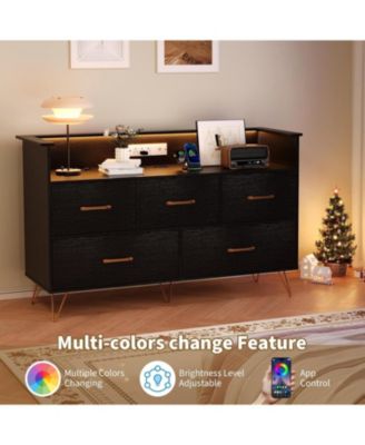 Dresser for Bedroom with 5 Drawers Led Lights, 47inch Wide Chest of Drawers with Charging Station, Freestanding Storage Organizer, Black