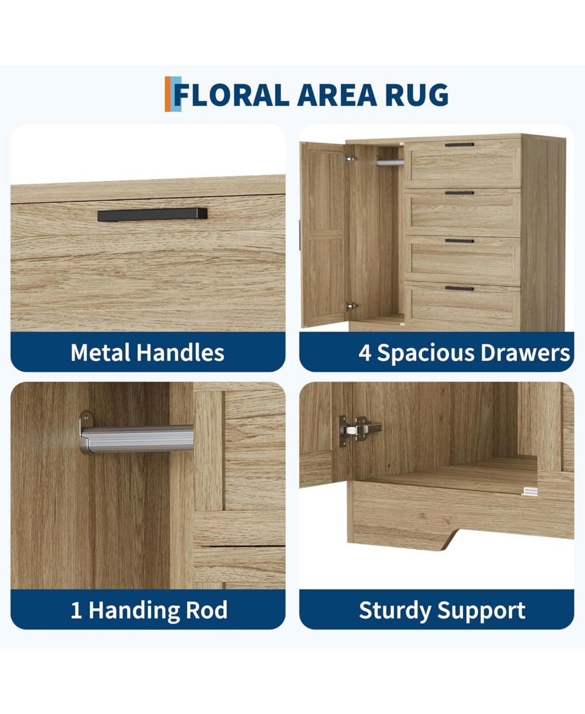 gaomon 4-Drawer Wood Modern Dresser with Wardrobe Closet and Hanging Rod