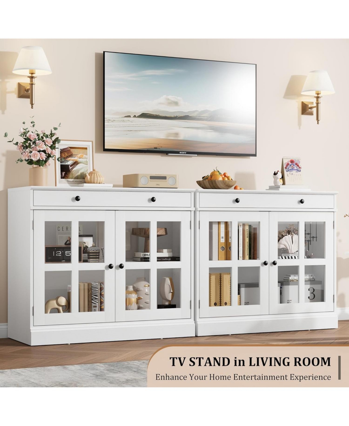 gaomon 35.4 Inch White Sideboard Buffet Cabinet, Glass Door, Drawer Storage, Modern Dining Room, Kitchen Cabinet