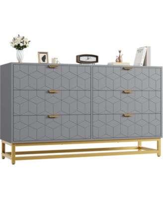 53.5 Inch 6-Drawer Modern Dresser, Wide Chest with Gold Metal Legs & Handles, Storage for Bedroom, Living Room, Hallway, Grey