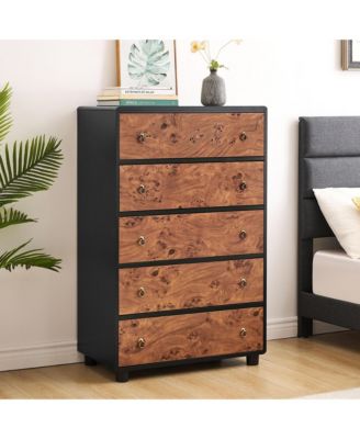 5 Drawer Modern Dresser, Space-Saving Narrow Wood Chest with Curved Profile, Vintage Handles, Bedroom, Entryway
