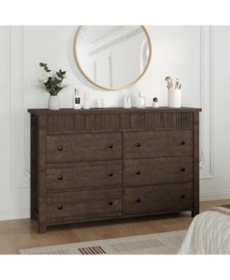6 Drawer Dresser for Bedroom, Wooden Chest of Drawers, Fluted TV Stand Storage Organizer for Living Room, Hallway and Entryway, Walnut