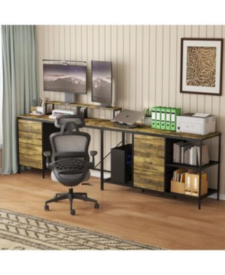 114" L-Shaped Desk with Power/USB-C 6 Drawers 3 Shelves Monitor Stands Rustic Brown